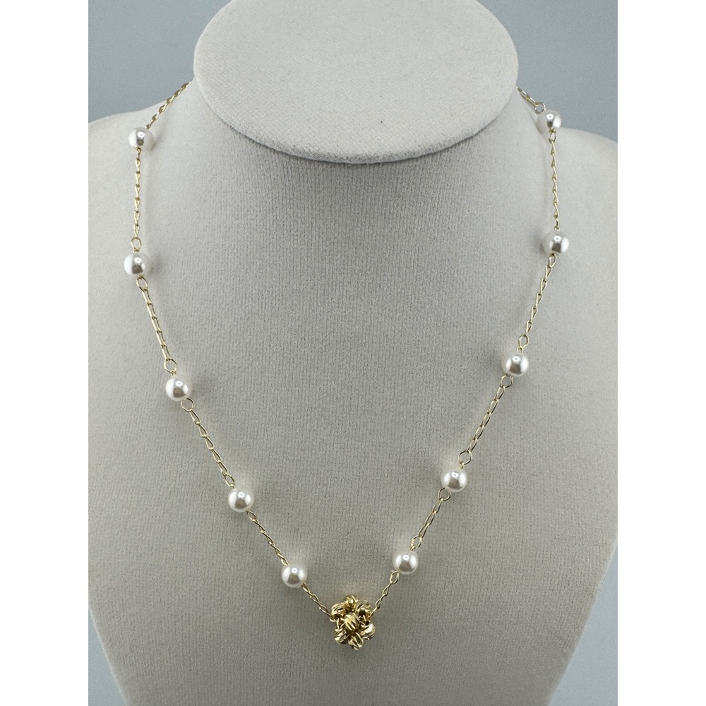Gold Tone Pearl Station Necklace Textured Knot Floral Pendant Adjustable Chain